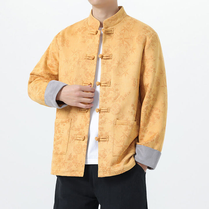 Buddha Stones Fall Jacquard Bamboo Frog-button Long Sleeve Men's Cotton Jacket With Pockets - Gold - US/UK/AU46，EU56 (5XL) - image 1