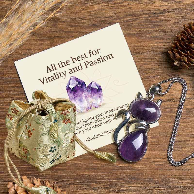 Buddha Stones "All the best for Calm and Wisdom" Cat Amethyst Necklace Includes Gift Message Card - Amethyst - Deluxe Gift Bag (+$9.59) - image 4