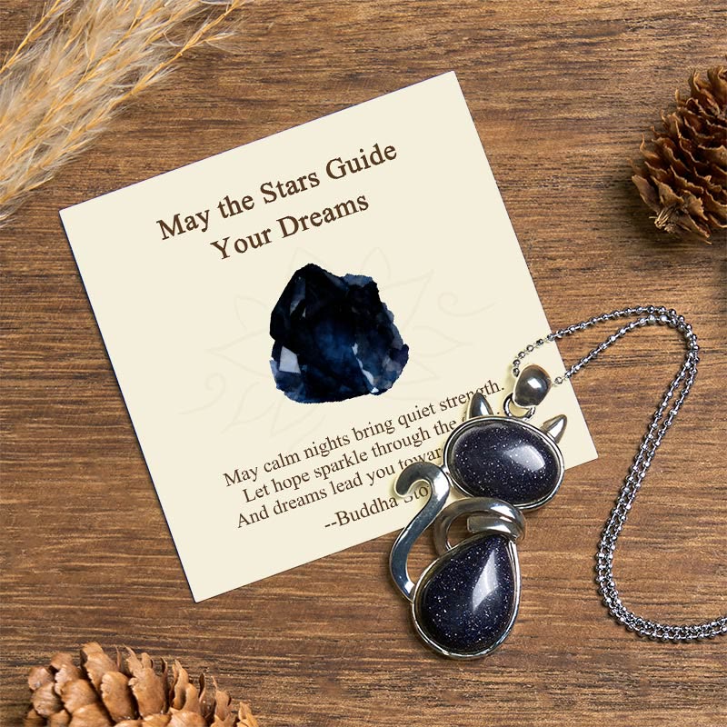 Buddha Stones "May the Stars Guide Your Dreams" Cat Sandstone Necklace Includes Gift Message Card - Blue Sandstone - Standard Gift Box - image 0