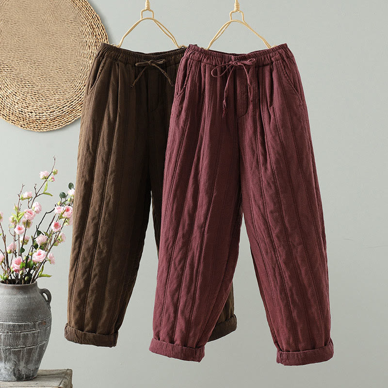 Buddha Stones Daily Plain Drawstring Design Women's Harem Elastic Waist Cotton Pants With Pockets - image 16