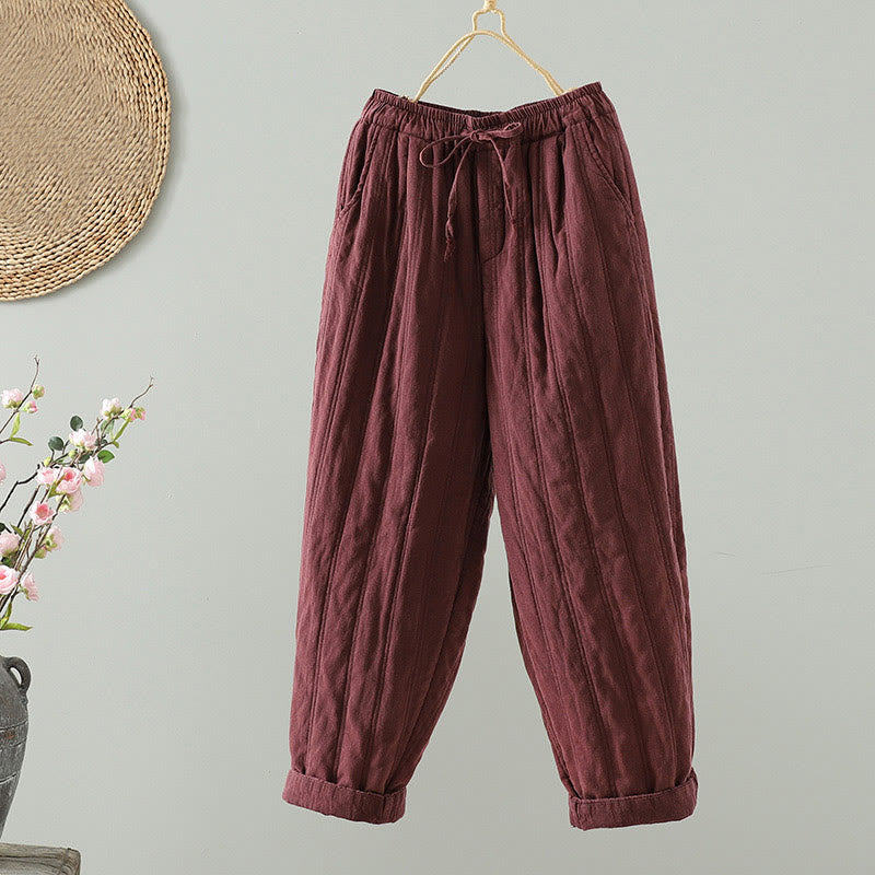 Buddha Stones Daily Plain Drawstring Design Women's Harem Elastic Waist Cotton Pants With Pockets - FireBrick - US8-10，UK/AU12-14，EU40-42 (2XL) - image 6