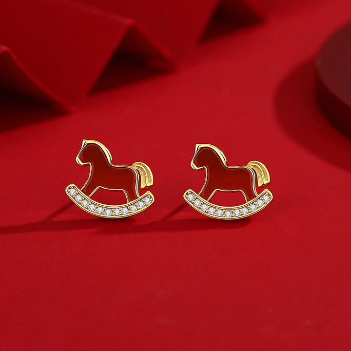 Buddha Stones 925 Sterling Silver Year Of The Horse Design Red Agate Confidence Earrings - Horse Earrings - image 0