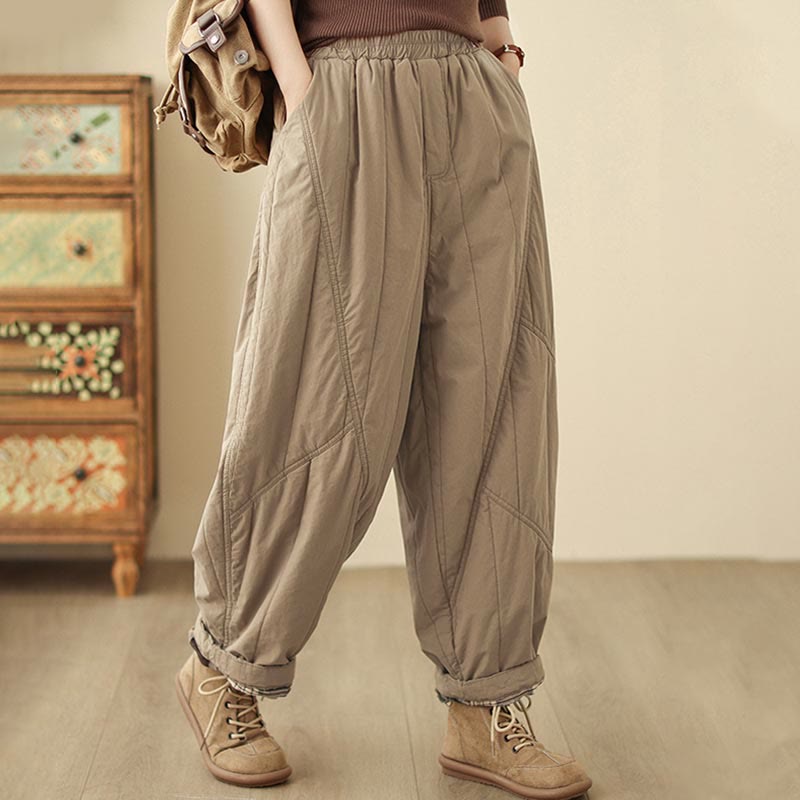 Buddha Stones Winter Plain High Waist Cotton Women's Harem Thermal Elastic Waist Pants With Pockets - image 3