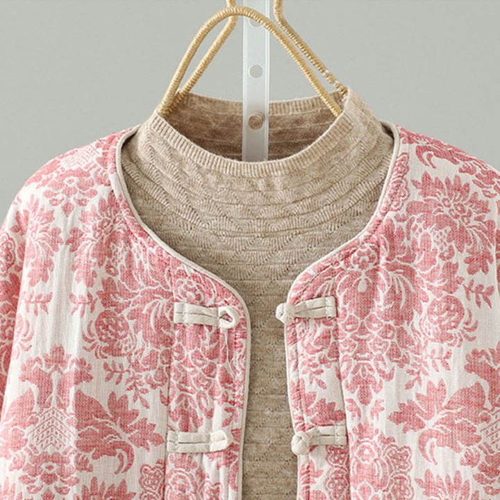 Buddha Stones Women's Peony Flowers Frog-Button Design Long Sleeve Thermal Jacket With Pockets - image 3