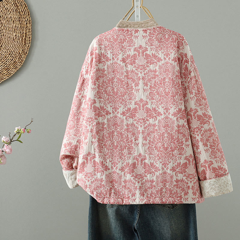 Buddha Stones Women's Peony Flowers Frog-Button Design Long Sleeve Thermal Jacket With Pockets - image 2