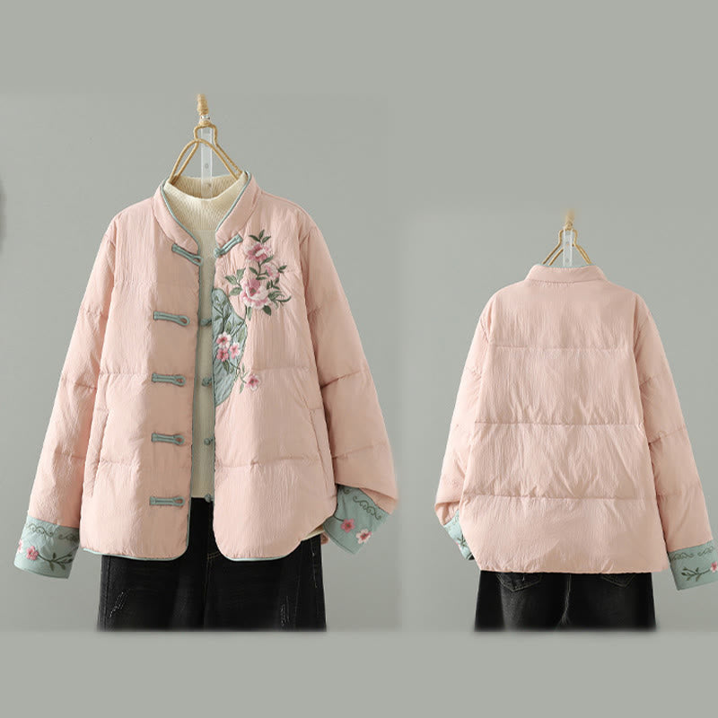 Buddha Stones Peach Blossom Embroidery Frog-Button Long Sleeve Thermal Women's Jacket With Pockets - image 14