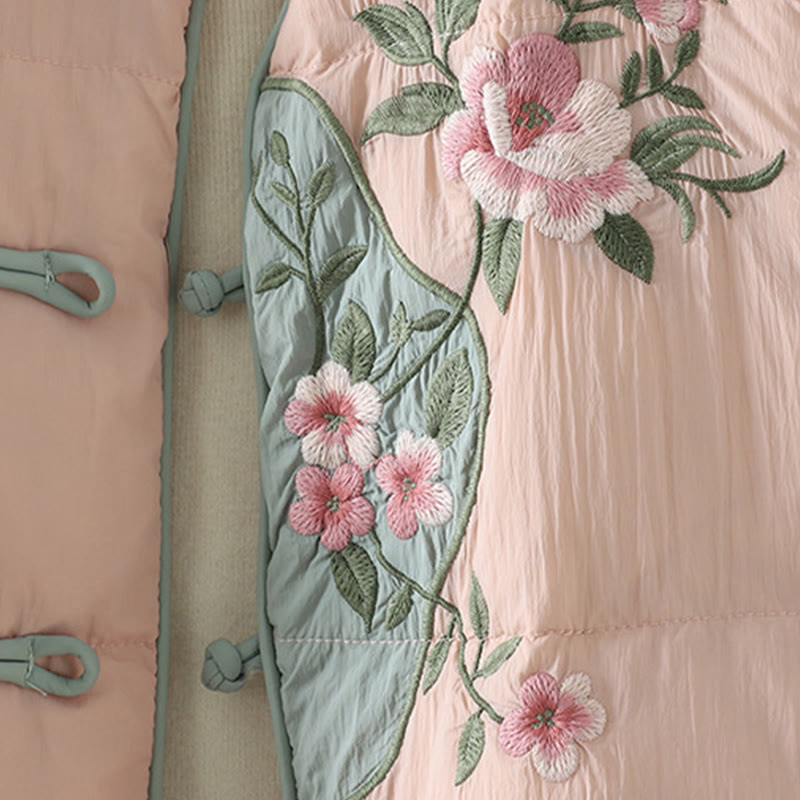 Buddha Stones Peach Blossom Embroidery Frog-Button Long Sleeve Thermal Women's Jacket With Pockets - image 6