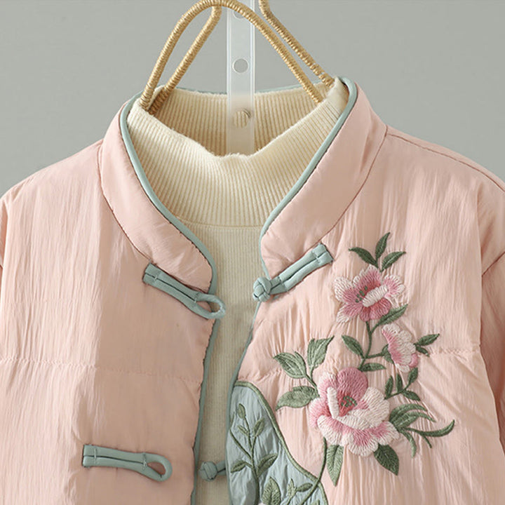Buddha Stones Peach Blossom Embroidery Frog-Button Long Sleeve Thermal Women's Jacket With Pockets - image 3