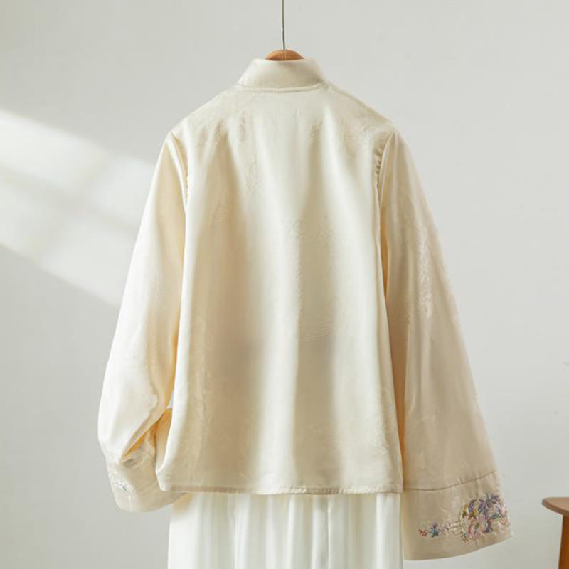 Buddha Stones Fall Flower Embroidery Frog-Button Design Long Sleeve Women's Jacket - image 1