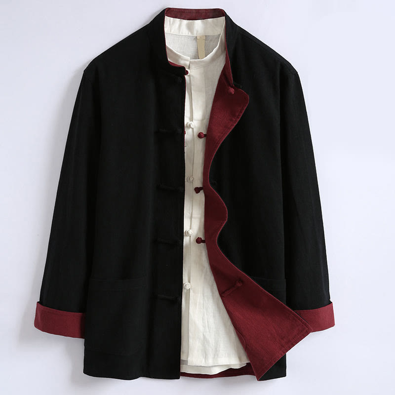 Buddha Stones Spring Chinese Reversible Men's Frog-Button Cotton Long Sleeve Jacket - Black - US/UK/AU44，EU54 (5XL) - image 3
