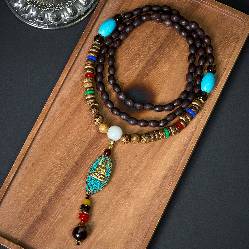 Buddha Stones Vintage Nepal Avalokitesvara Harmony Coconut Shell Beads Pendant Necklace - AVALOKITESVARA SYMBOL (Wealth ♥ Success) - image 0