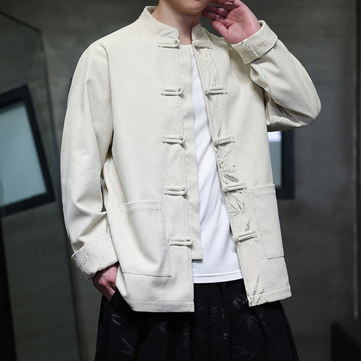 Buddha Stones Fall Bamboo Frog-Button Long Sleeve Men's Corduroy Cotton Jacket With Pockets - Linen - US/UK/AU46，EU56 (5XL) - image 14