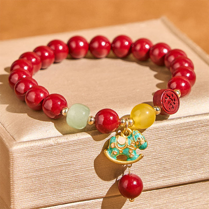 Buddha Stones Year Of The Horse Natural Cinnabar Red Agate Calm Confidence Bracelet - Cinnabar & Green Horse(Wrist Circumference 14-17cm) - image 0