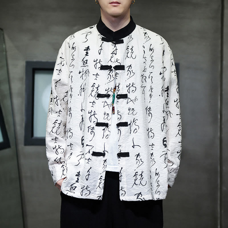 Buddha Stones Spring Fall Calligraphy Frog-Button Long Sleeve Men's Jacket - image 1