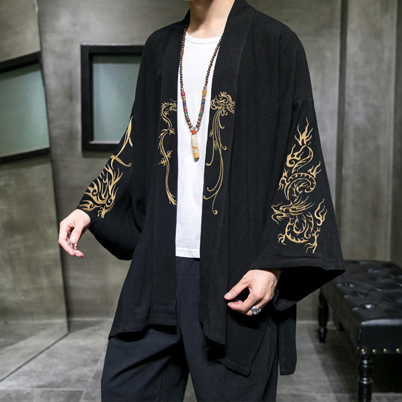Buddha Stones Dragon Phoenix Open Front Long Sleeve Jacket Men's Cotton Kimono - image 1