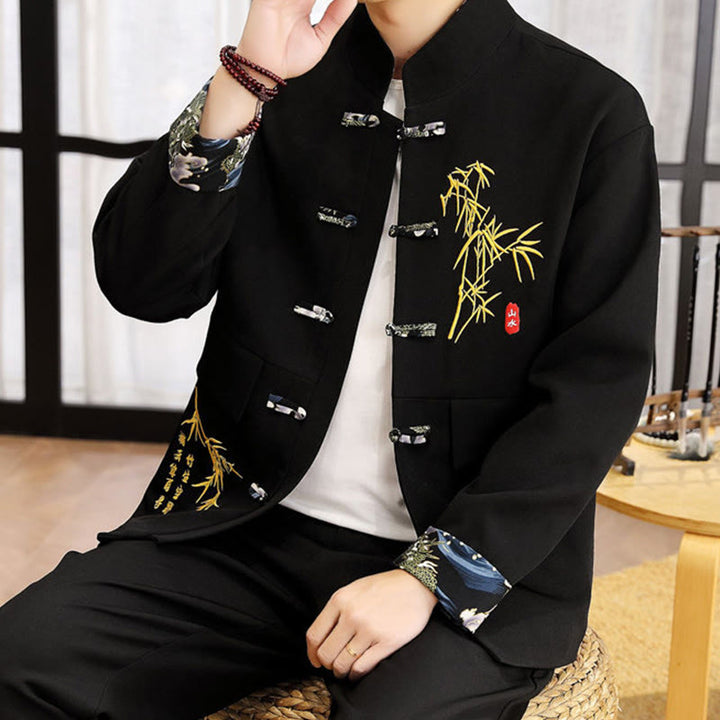 Buddha Stones 2Pcs Tang Suit Bamboo Frog-Button Men's Long Sleeve Shirt Pants Clothing Set - image 3