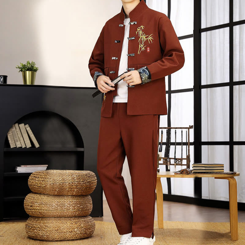 Buddha Stones 2Pcs Tang Suit Bamboo Frog-Button Men's Long Sleeve Shirt Pants Clothing Set - image 26