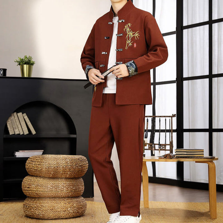 Buddha Stones 2Pcs Tang Suit Bamboo Frog-Button Men's Long Sleeve Shirt Pants Clothing Set - image 26