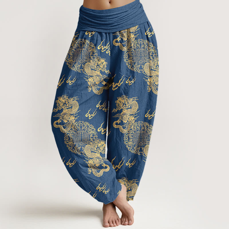 Buddha Stones Pure Cotton Double Dragon Cloud Pattern Women's Elastic Waist Harem Pants - SteelBlue - US16，UK/AU20，EU48 (3XL) - image 5