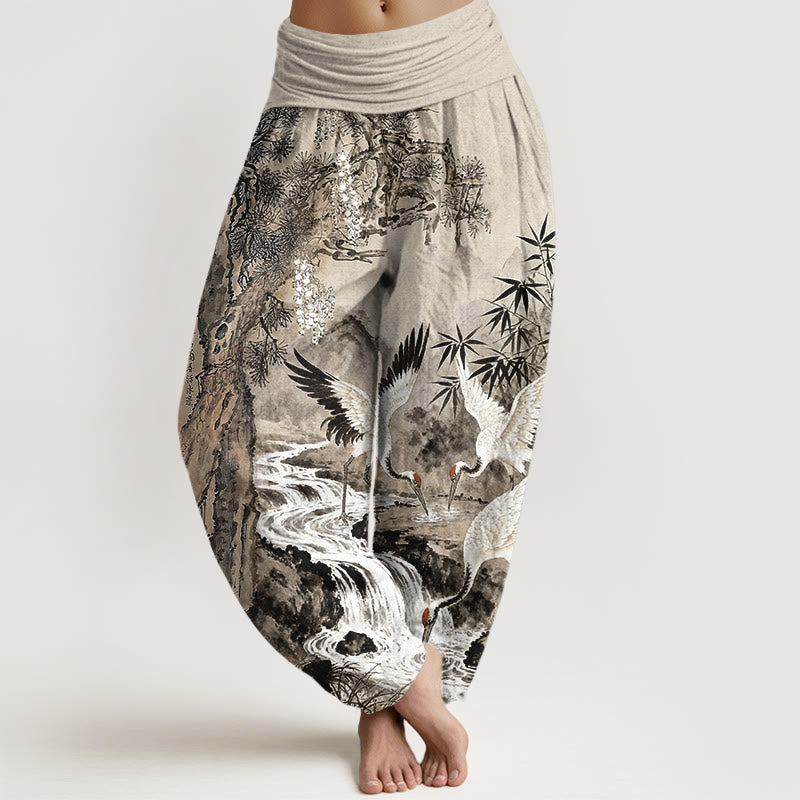 Buddha Stones Pure Cotton Red-crowned Crane Stream Pattern Women's Elastic Waist Harem Pants - Tan - US16，UK/AU20，EU48 (3XL) - image 0