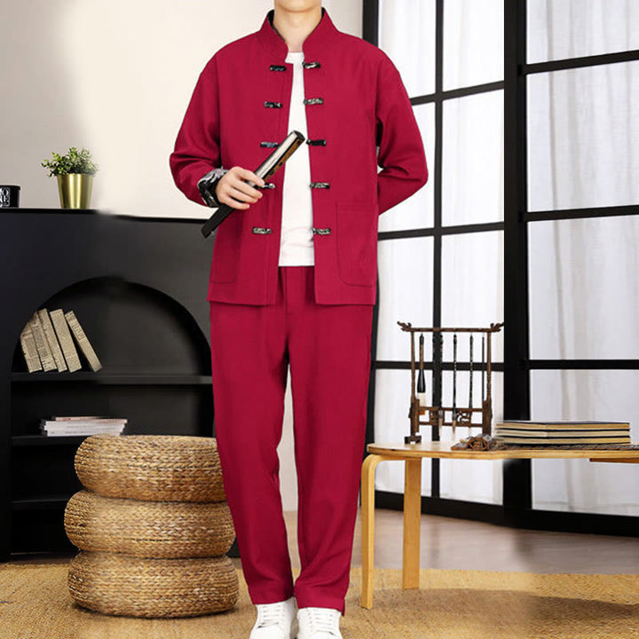 Buddha Stones 2Pcs Tang Suit Frog-Button Men's Waves Long Sleeve Shirt Pants Clothing Set - image 24