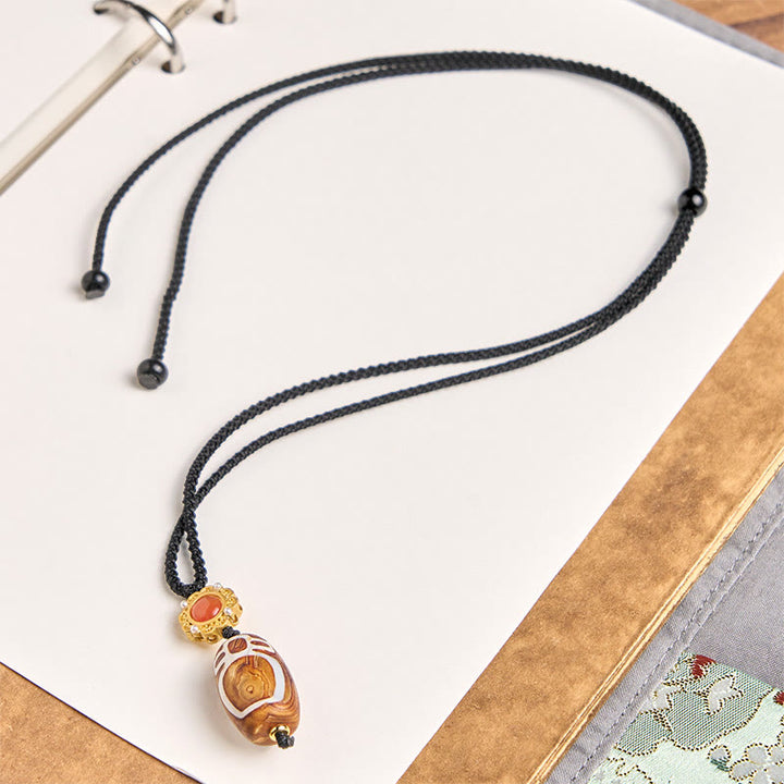 Buddha Stones Tibetan Agate Carved God of Wealth Nine-eye Dzi Bead Blessing Necklace Pendant - image 2