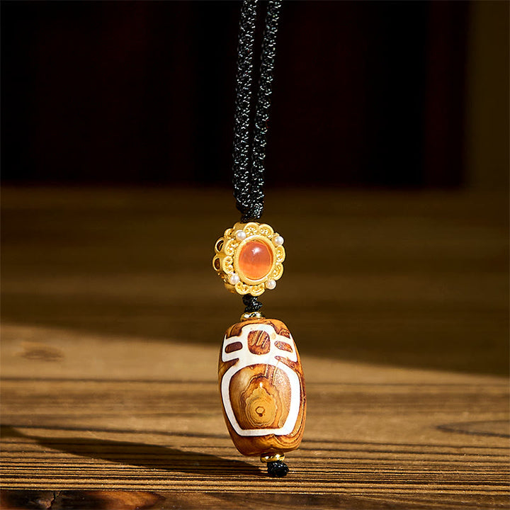 Buddha Stones Tibetan Agate Carved God of Wealth Nine-eye Dzi Bead Blessing Necklace Pendant - Agate - image 0