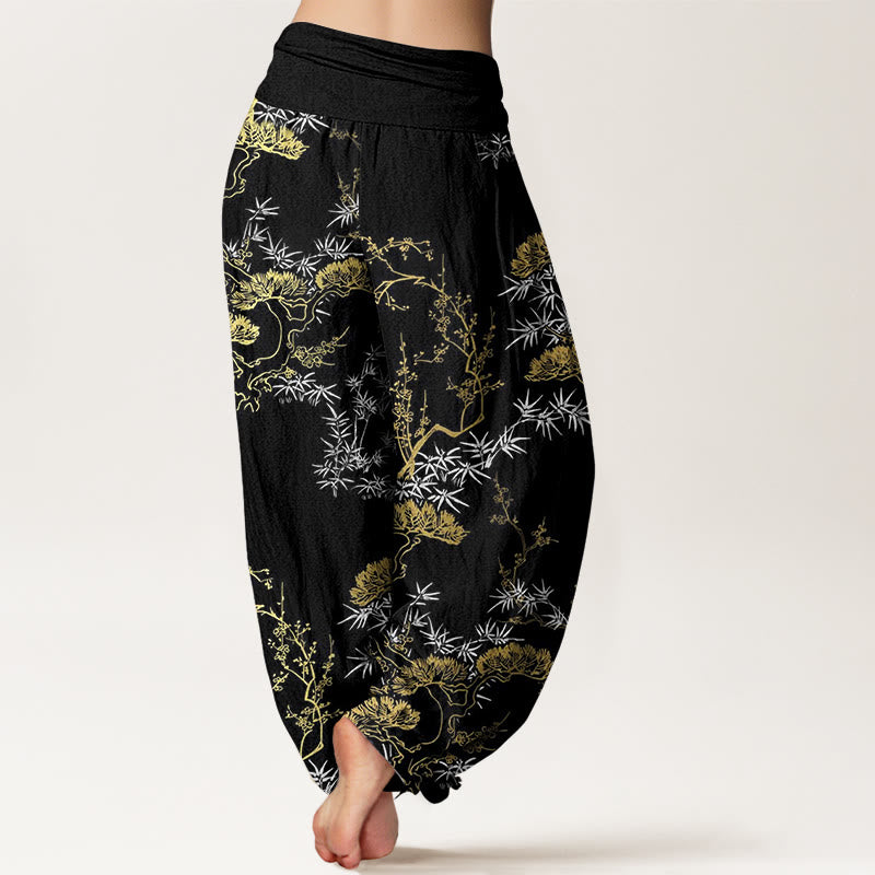 Buddha Stones Pure Cotton Pine Bamboo Plum Pattern Women's Elastic Waist Harem Pants - image 1