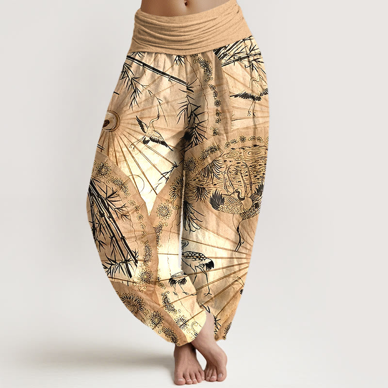 Buddha Stones Pure Cotton Umbrella Crane Bamboo Pattern Women's Elastic Waist Harem Pants - Goldenrod - US16，UK/AU20，EU48 (3XL) - image 0