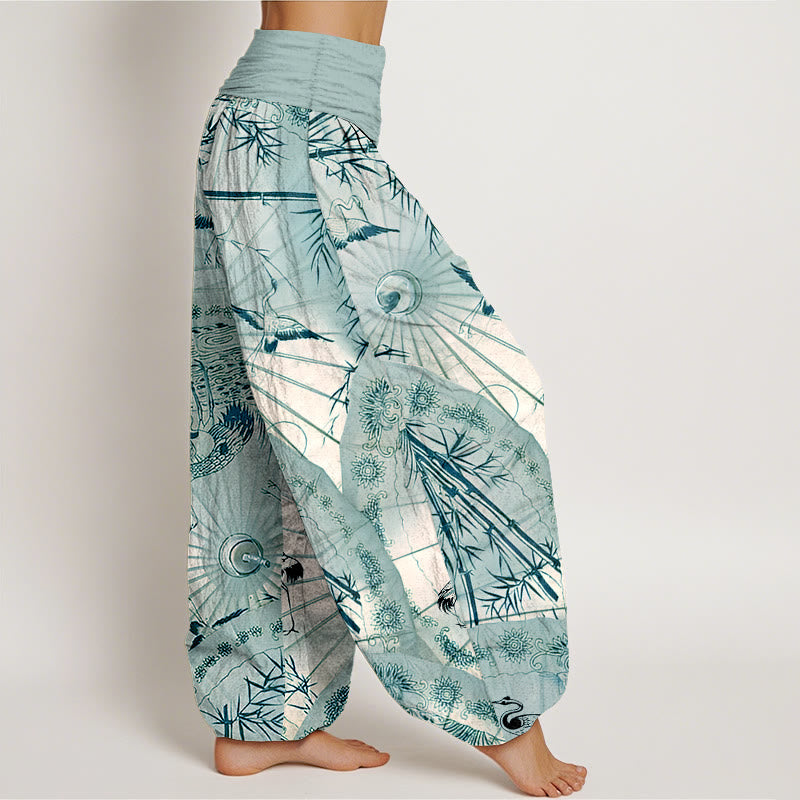 Buddha Stones Pure Cotton Umbrella Crane Bamboo Pattern Women's Elastic Waist Harem Pants - image 10