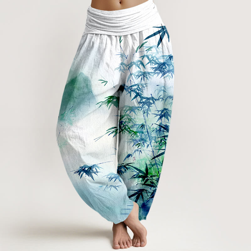 Buddha Stones Pure Cotton Bamboo Leaves Mountain Pattern Women's Elastic Waist Harem Pants - LightCyan - US16，UK/AU20，EU48 (3XL) - image 8