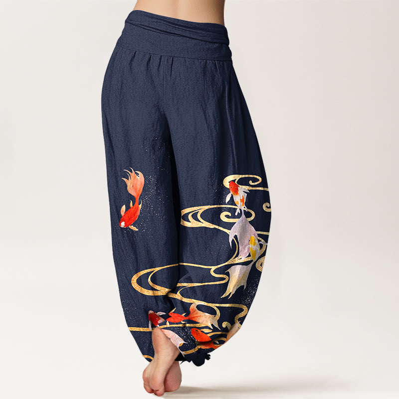 Buddha Stones Pure Cotton Koi Fish Koi Water Ripples Pattern Women's Elastic Waist Harem Pants - image 6