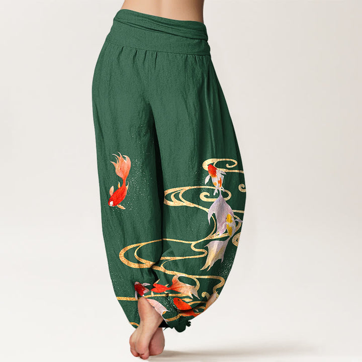 Buddha Stones Pure Cotton Koi Fish Koi Water Ripples Pattern Women's Elastic Waist Harem Pants - image 9