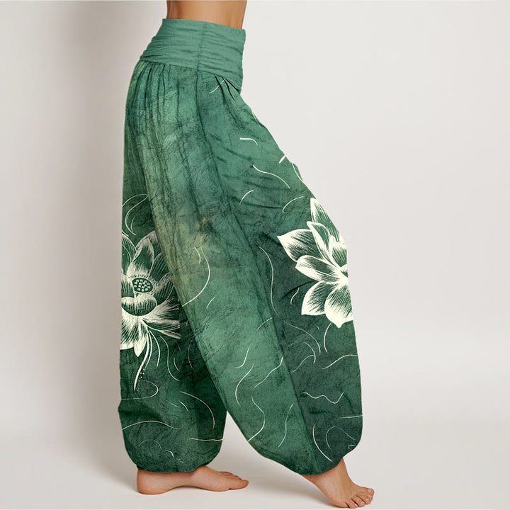 Buddha Stones Pure Cotton Lotus Flower Pattern Women's Elastic Waist Harem Pants - image 2
