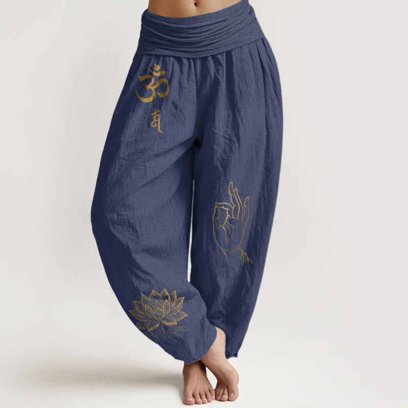 Buddha Stones Om Dhi Symbols Lotus Buddha's Hand Pattern Women's Elastic Waist Harem Cotton Pants - DarkSlateBlue - US16，UK/AU20，EU48 (3XL) - image 5