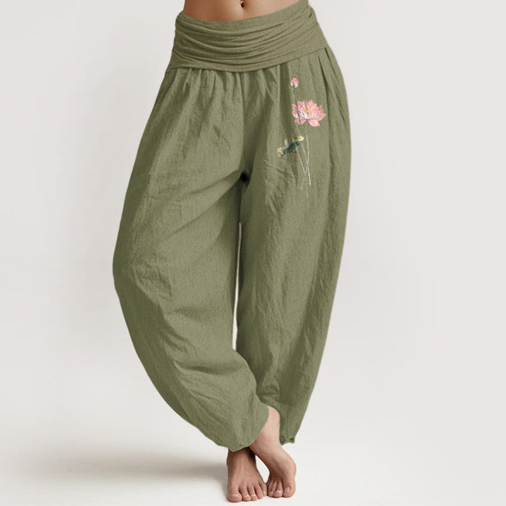 Buddha Stones Pink Lotus Flower Lotus Leaves Pattern Women's Elastic Waist Harem Pure Cotton Pants - OliveDrab - US16，UK/AU20，EU48 (3XL) - image 14
