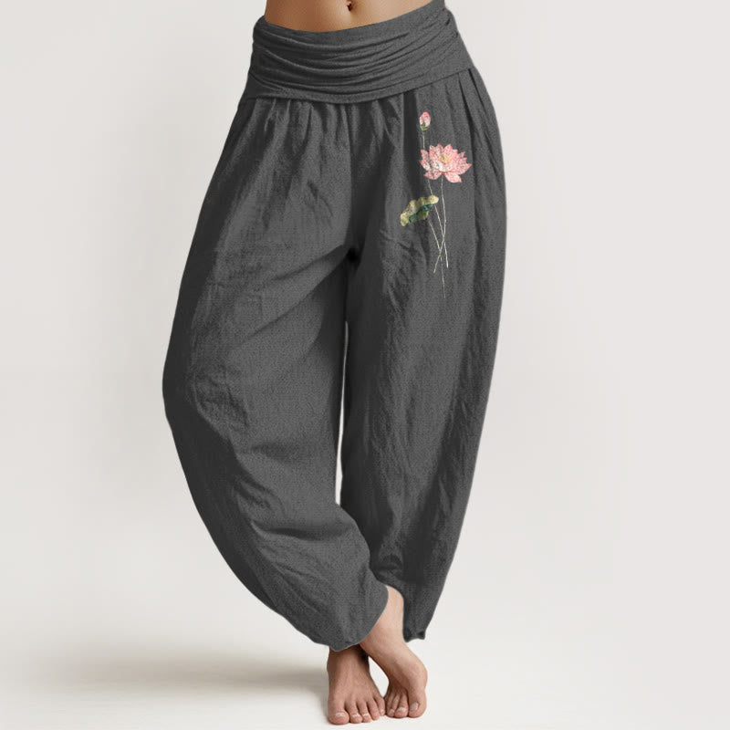 Buddha Stones Pink Lotus Flower Lotus Leaves Pattern Women's Elastic Waist Harem Pure Cotton Pants - DimGray - US16，UK/AU20，EU48 (3XL) - image 0