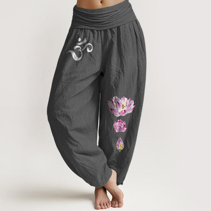Buddha Stones Blooming Lotus Om Symbol Pattern Women's Elastic Waist Harem Pure Cotton Pants - DimGray - US16，UK/AU20，EU48 (3XL) - image 8