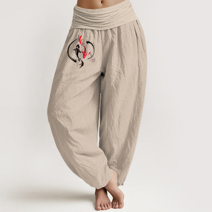 Buddha Stones Yin Yang Koi Fish Design Women's Elastic Waist Harem Pure Cotton Pants - Tan - US16，UK/AU20，EU48 (3XL) - image 0
