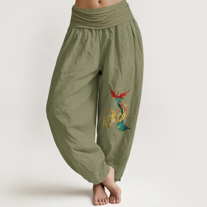Buddha Stones Women's Pure Cotton Colored Phoenix Pattern Elastic Waist Harem Pants - OliveDrab - US16，UK/AU20，EU48 (3XL) - image 14