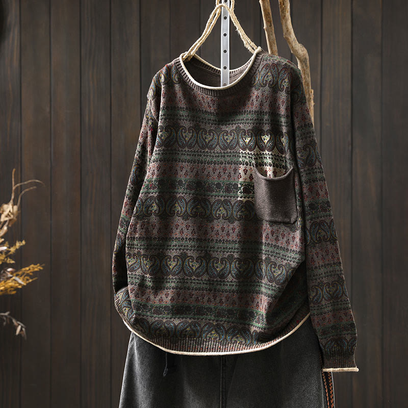 Buddha Stones Fall Plant Floral Pattern Crew Neck Long Sleeve Women's Cotton Sweater With Pocket - SaddleBrown - US4-6，UK/AU8-10，EU36-38 (F) - image 17