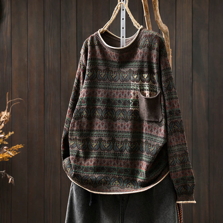 Buddha Stones Fall Plant Floral Pattern Crew Neck Long Sleeve Women's Cotton Sweater With Pocket - SaddleBrown - US4-6，UK/AU8-10，EU36-38 (F) - image 17