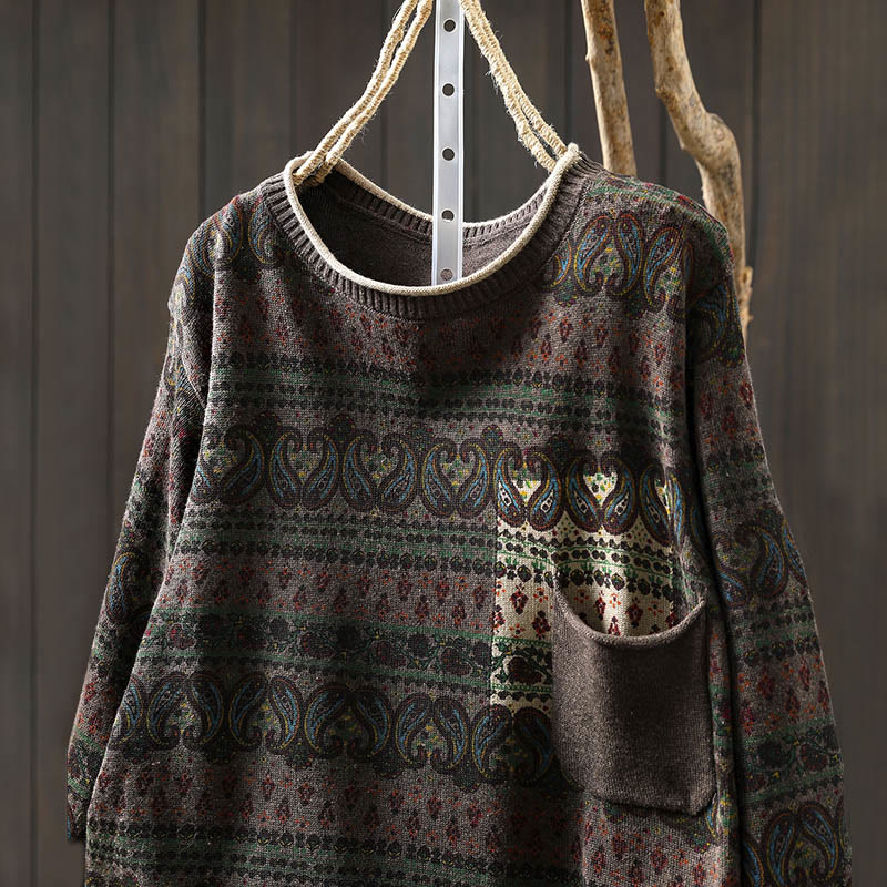 Buddha Stones Fall Plant Floral Pattern Crew Neck Long Sleeve Women's Cotton Sweater With Pocket - image 18
