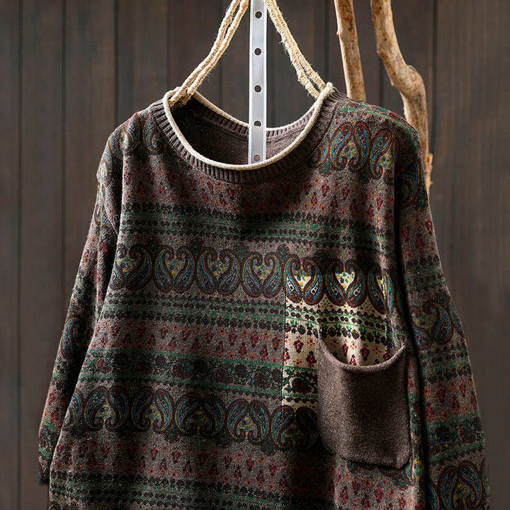 Buddha Stones Fall Plant Floral Pattern Crew Neck Long Sleeve Women's Cotton Sweater With Pocket - image 18