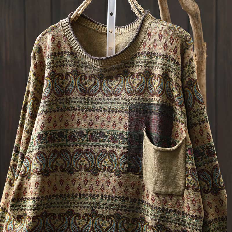 Buddha Stones Fall Plant Floral Pattern Crew Neck Long Sleeve Women's Cotton Sweater With Pocket - image 14