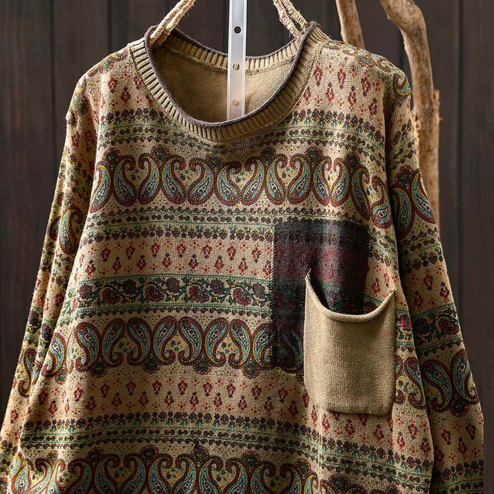 Buddha Stones Fall Plant Floral Pattern Crew Neck Long Sleeve Women's Cotton Sweater With Pocket - image 14