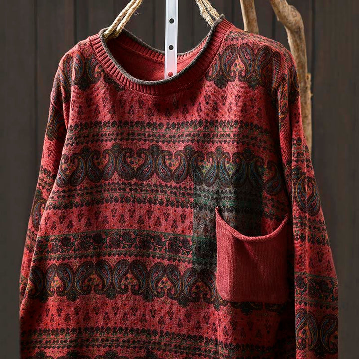 Buddha Stones Fall Plant Floral Pattern Crew Neck Long Sleeve Women's Cotton Sweater With Pocket - image 3