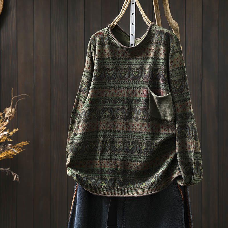 Buddha Stones Fall Plant Floral Pattern Crew Neck Long Sleeve Women's Cotton Sweater With Pocket - DarkOliveGreen - US4-6，UK/AU8-10，EU36-38 (F) - image 15