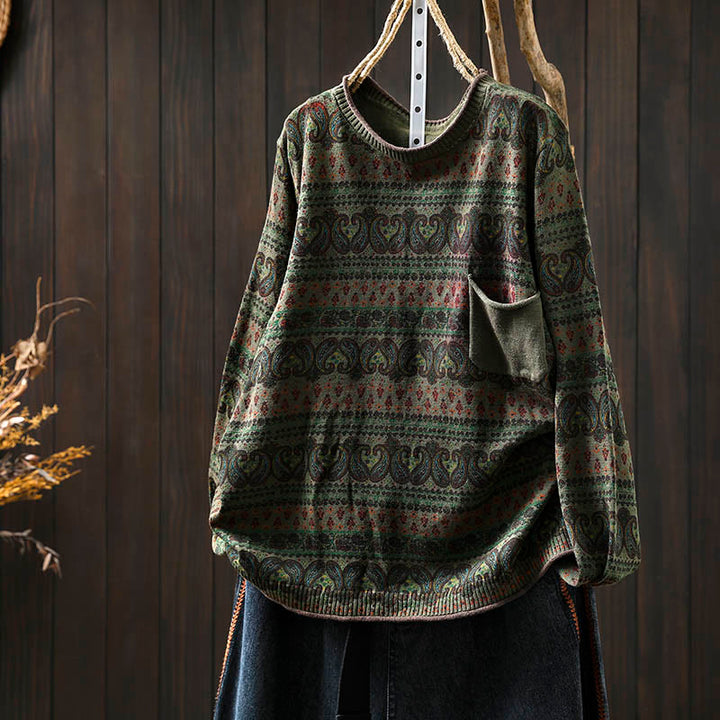 Buddha Stones Fall Plant Floral Pattern Crew Neck Long Sleeve Women's Cotton Sweater With Pocket - DarkOliveGreen - US4-6，UK/AU8-10，EU36-38 (F) - image 15