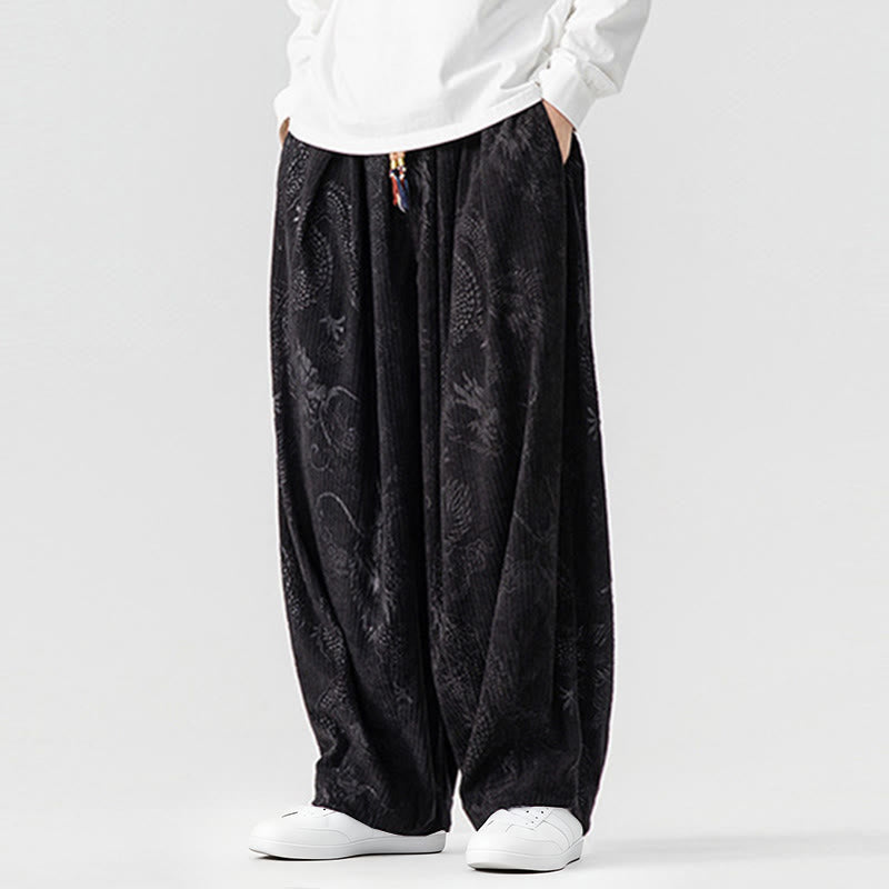 Buddha Stones Winter Dragon Phoenix Pattern Cotton Corduroy Men's Harem Pants With Pockets - image 32